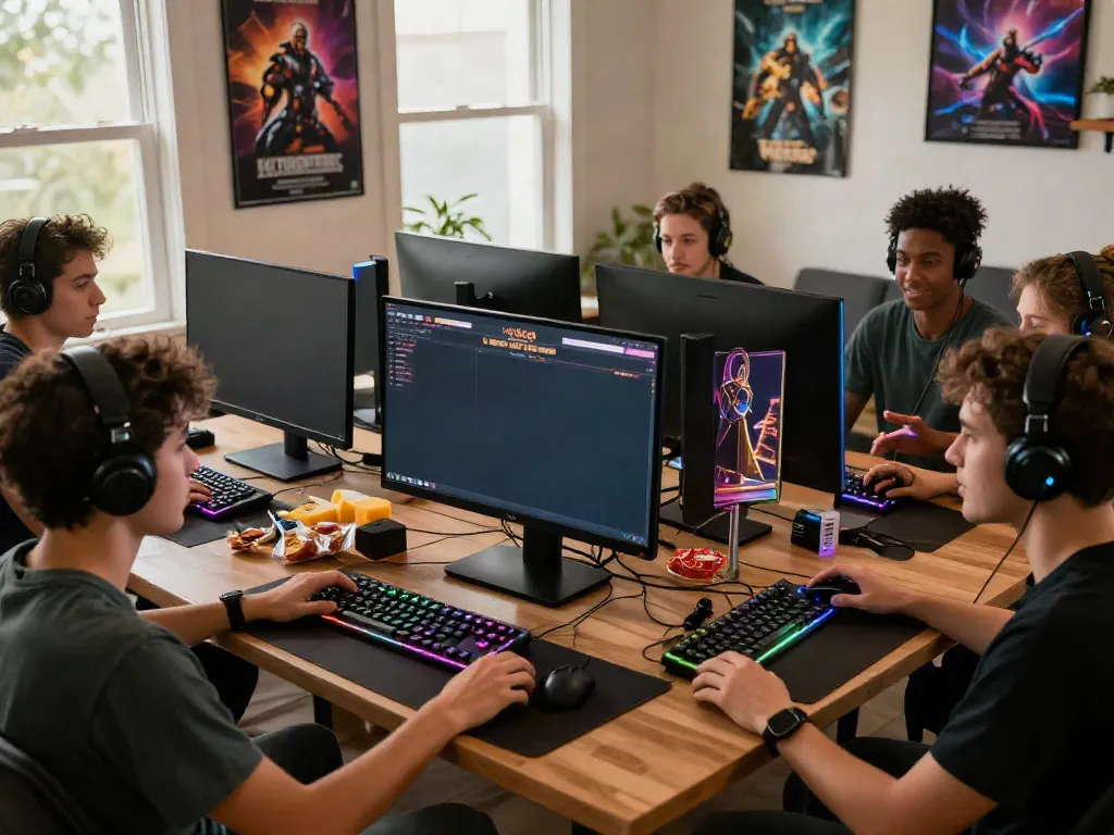 Engaging friends enjoying casino non gamstop games in a cozy gaming room.