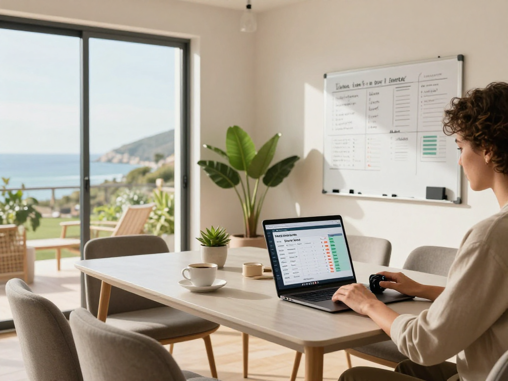 Furnished holiday let tax calculator in a stylish home office with a scenic view, enhancing income efficiency.