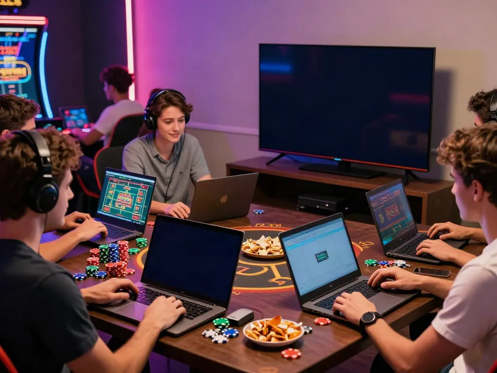 Group of friends playing online casino non gamstop games in a lively home setting