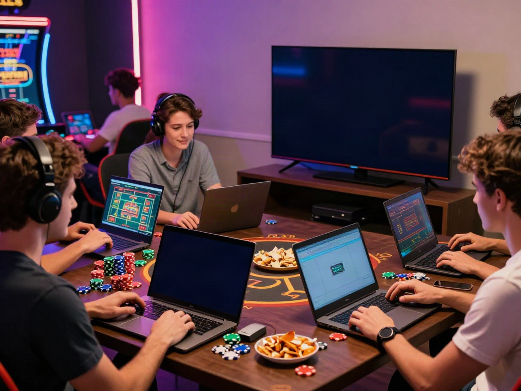 Group of friends playing online casino non gamstop games in a lively home setting