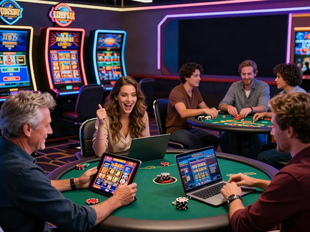 Engaging online casino non gamstop scene with players enjoying various games on devices.