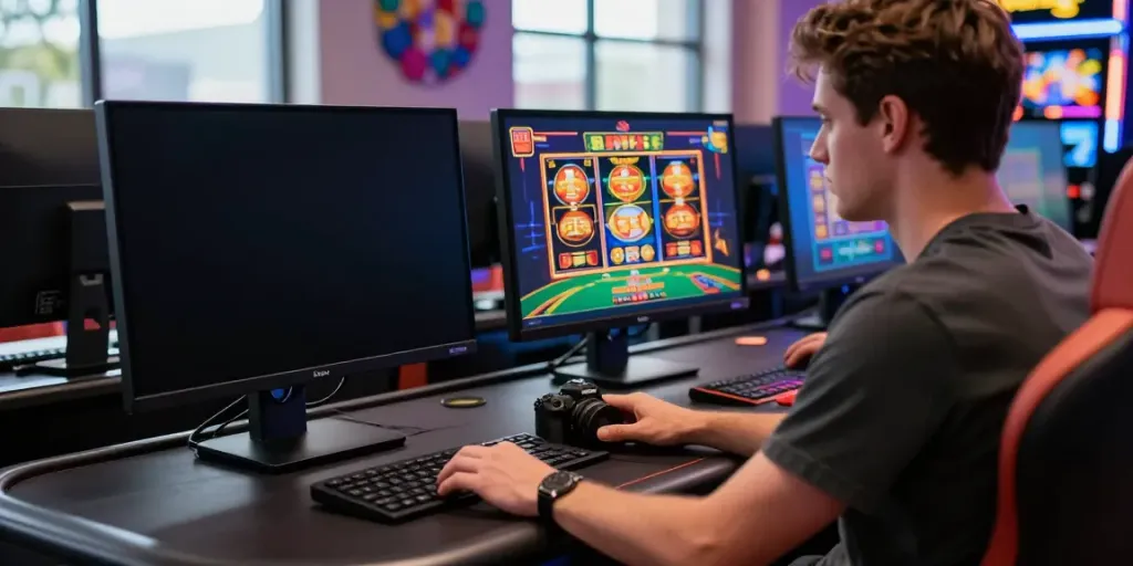 Engaging online casino scene featuring a player enjoying casino non GamStop games on a computer.