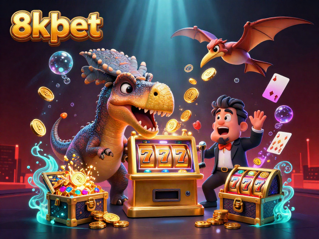 Experience a thrilling 8xbet casino scene with dynamic characters and slot jackpots.