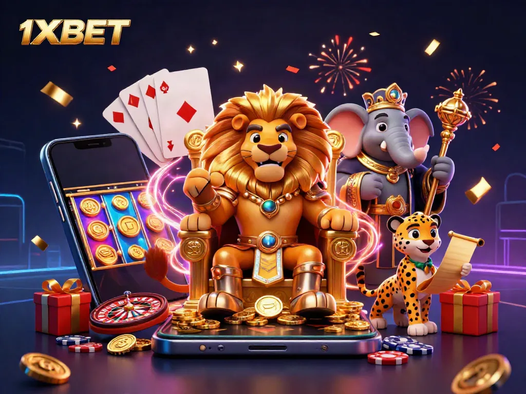 Experience thrilling 1XBET gaming magic with vibrant 3D cartoon characters and casino elements.