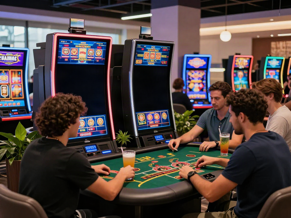 Casino non gamstop scene with diverse players enjoying vibrant online games in a stylish lounge atmosphere.