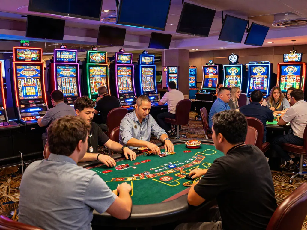 Casino non gamstop players enjoying a vibrant gaming experience with tables and slot machines.