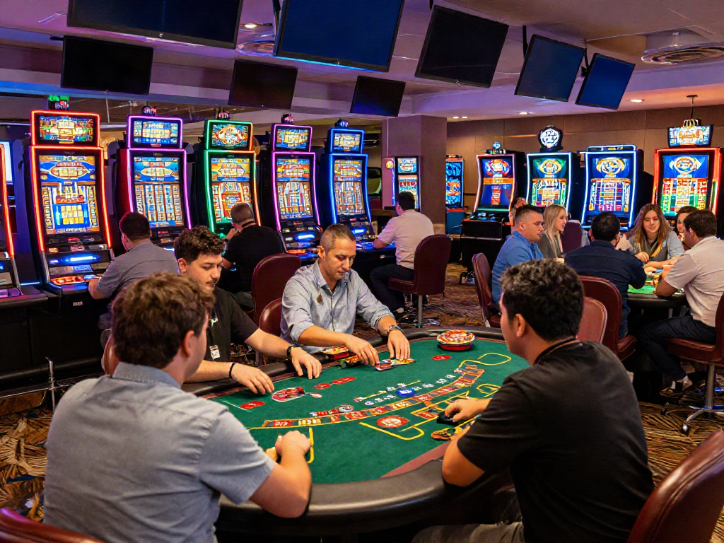 Casino non gamstop players enjoying a vibrant gaming experience with tables and slot machines.