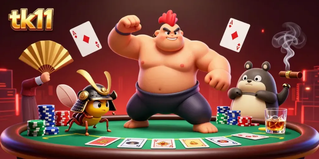 Unleash excitement at tk11 with a vibrant poker scene featuring animated casino characters.