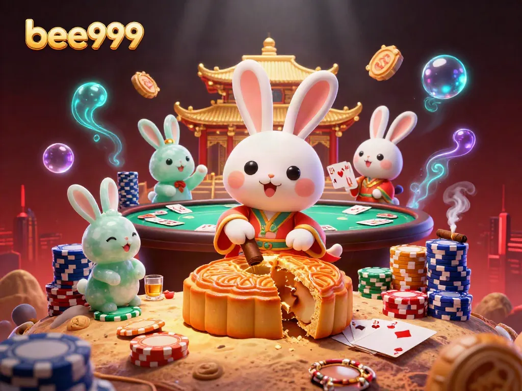 Experience thrilling gameplay at bee999 with illustrated moon rabbit characters amidst poker excitement.