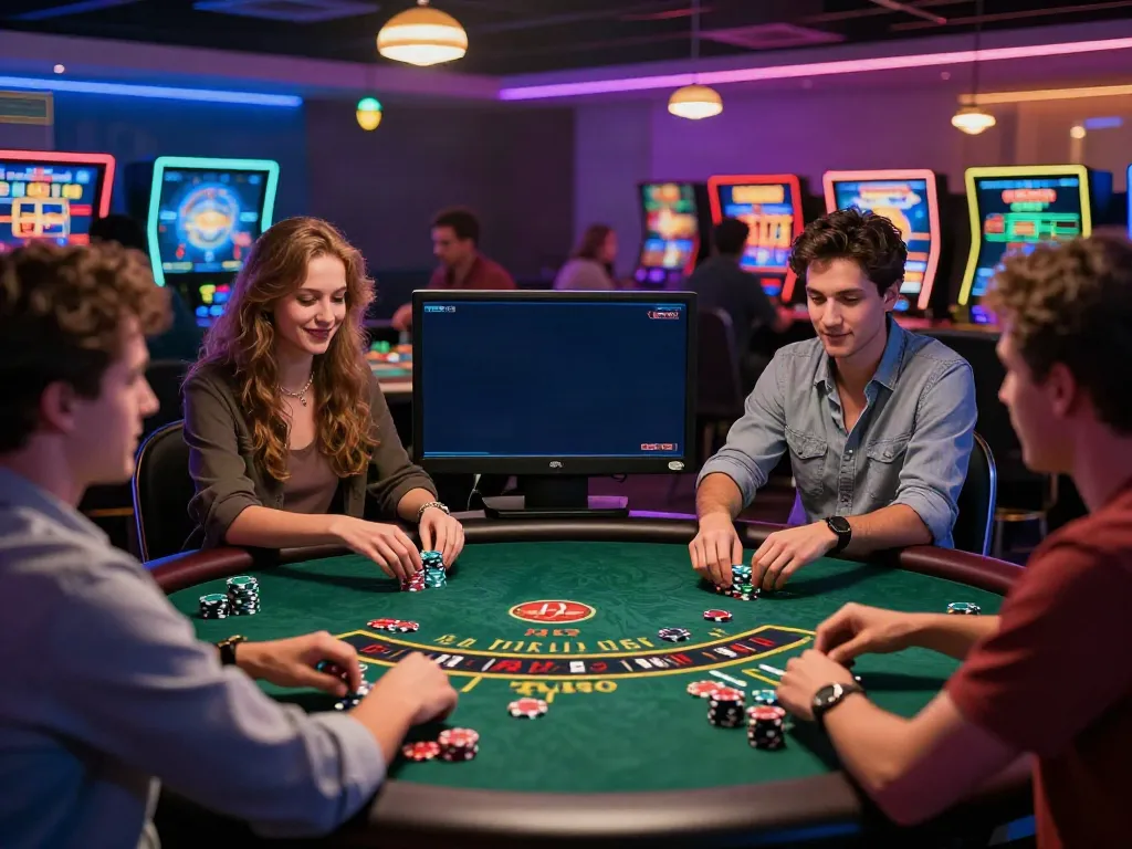 Group of friends enjoying a casino non gamstop gaming experience at a vibrant virtual table.