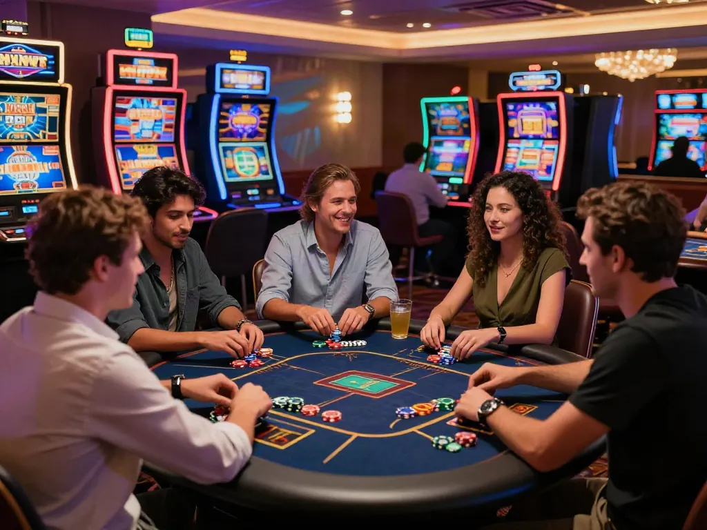 Diverse players enjoying gaming at a vibrant casino non gamstop table, surrounded by colorful slot machines and ambient lighting.