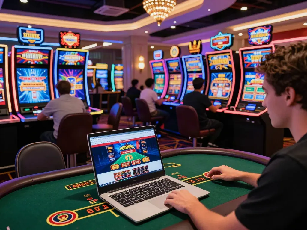 Engaging online casino experience with vibrant gaming tables and a laptop displaying casino non gamstop options.