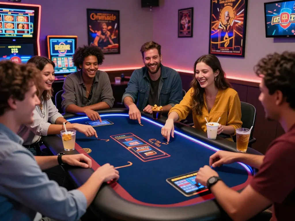 Friends enjoying a lively time at a casino non gamstop gaming table with illuminated screens.