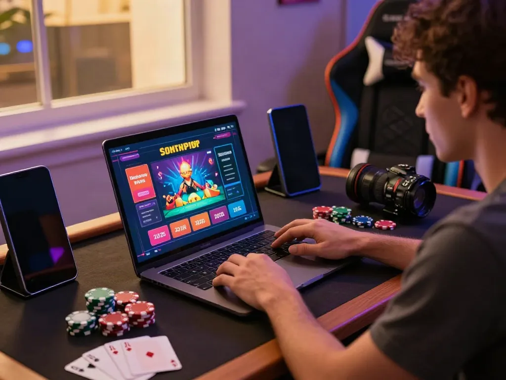 Engaging casino non gamstop player at a modern gaming desk with vibrant digital interface.