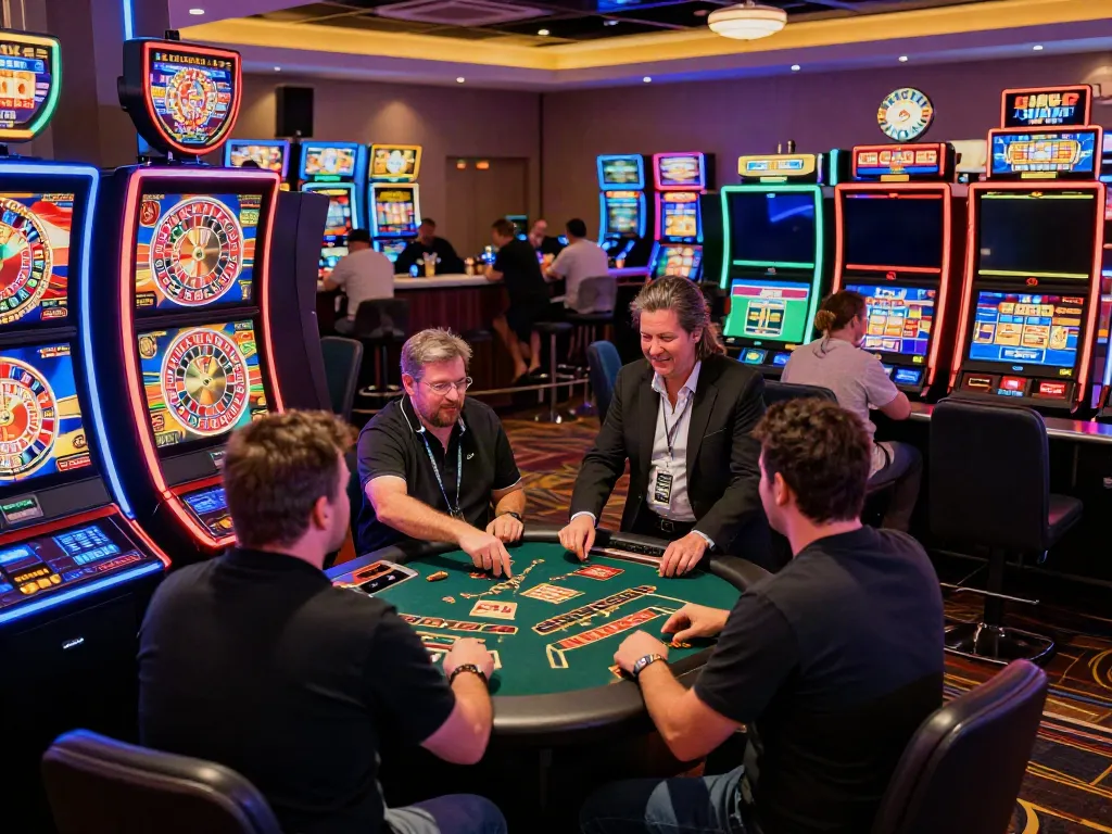 Exciting casino non gamstop scene with players at machines, vibrant atmosphere.