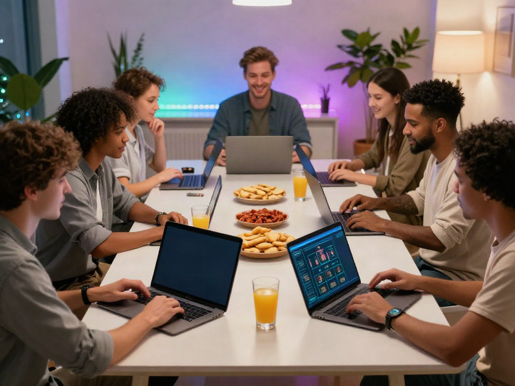 Friends enjoying casino non gamstop games on laptops in a vibrant setting.