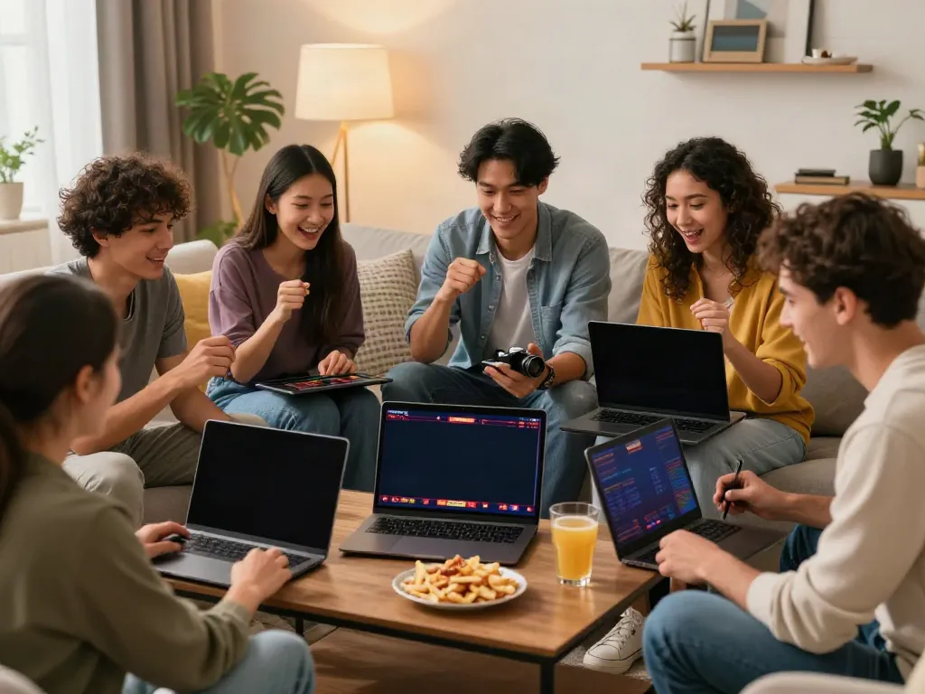 Friends enjoying a casino non gamstop experience together in a cozy living room setting.