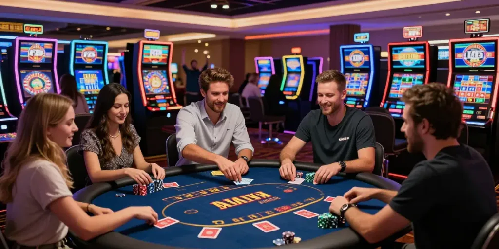 Dynamic casino non gamstop scene with players enjoying games and vibrant atmosphere