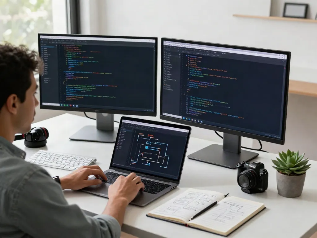 Developer integrating multi-model API at a modern workstation with dual monitors and coding tools.