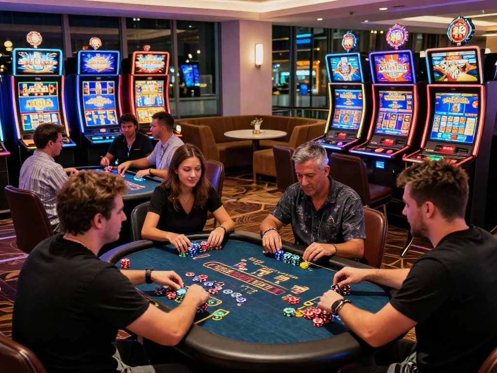 Engaging casino non gamstop scene with players at colorful gaming tables and vibrant atmosphere.