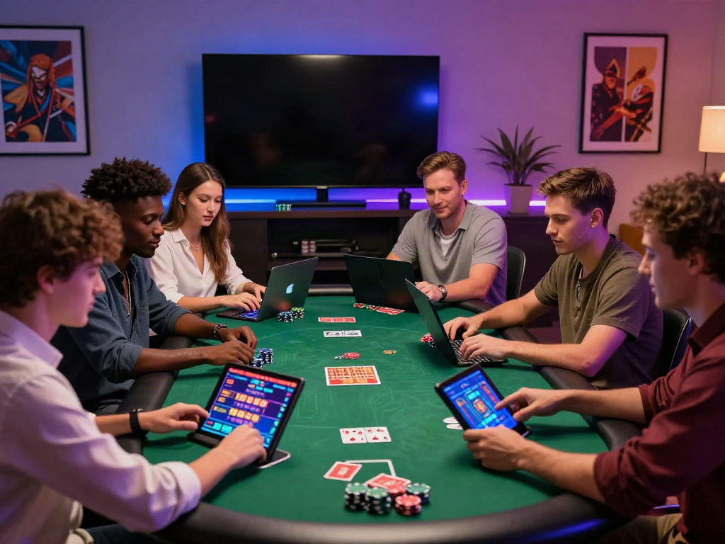 Exciting casino non gamstop gaming session with friends using laptops and colorful decor.