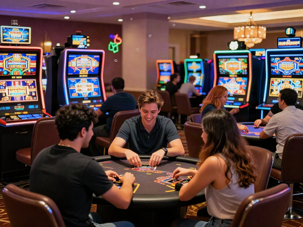 Exciting casino non GamStop atmosphere with diverse players enjoying various games in a vibrant setting.