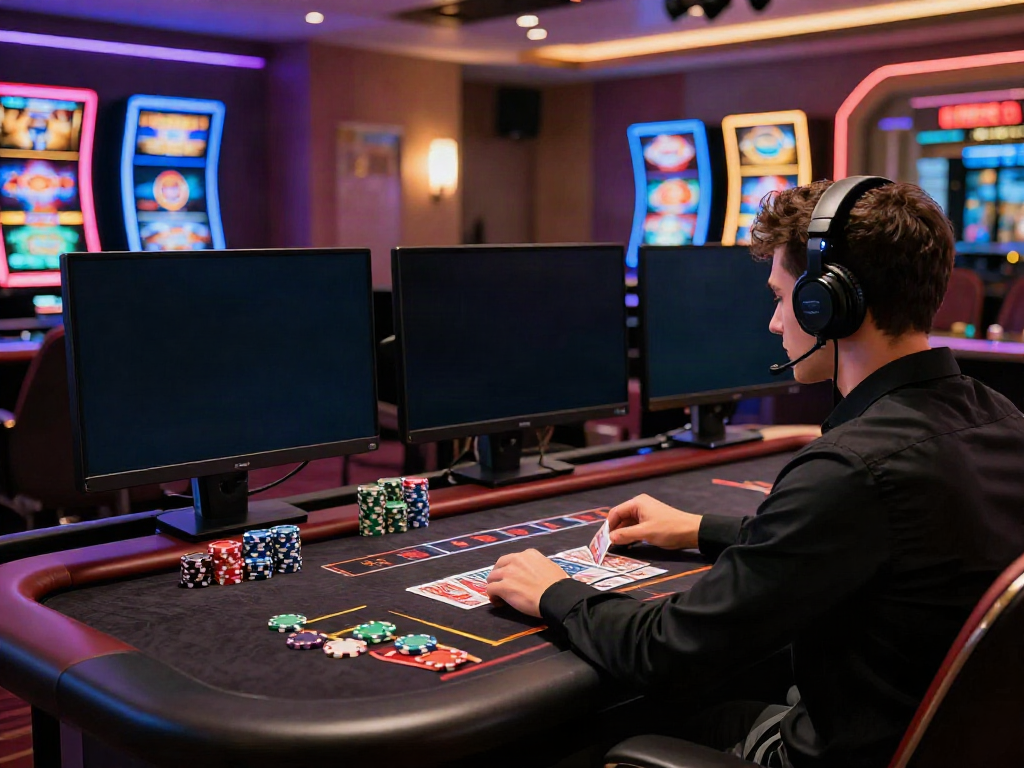 Engaging scene of a player at a stylish online casino, exploring casino non gamstop options with vibrant game displays.
