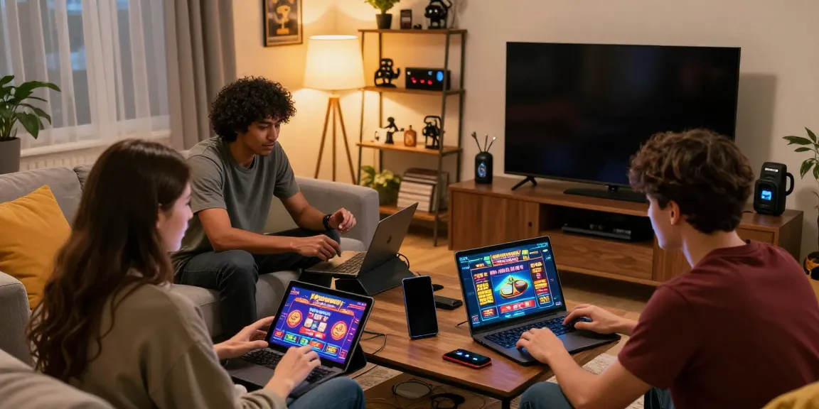Diverse friends enjoying an engaging non GamStop casino game on a laptop in a vibrant living room.