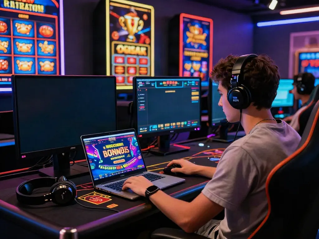 Player enjoying casino non Gamstop games on a vibrant gaming setup with colorful graphics.