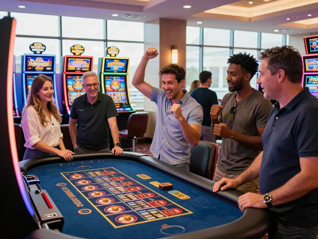 Exciting scene at a casino non gamstop with players celebrating wins, bright lights, and vibrant atmosphere.
