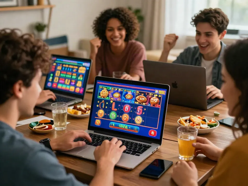 Engaging scene of friends enjoying casino non GamStop games together at home.