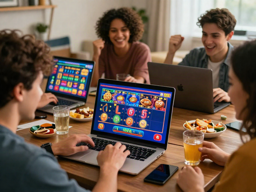 Engaging scene of friends enjoying casino non GamStop games together at home.