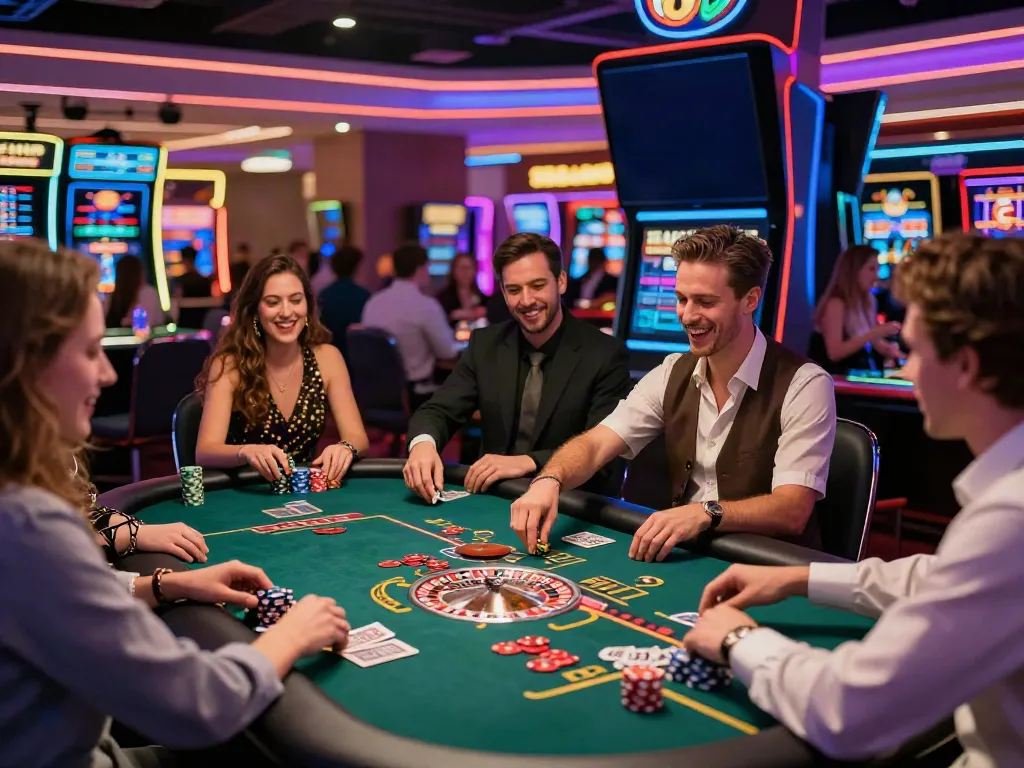 Exciting atmosphere at a casino non gamstop with players engaged in table games illuminated by neon lights.