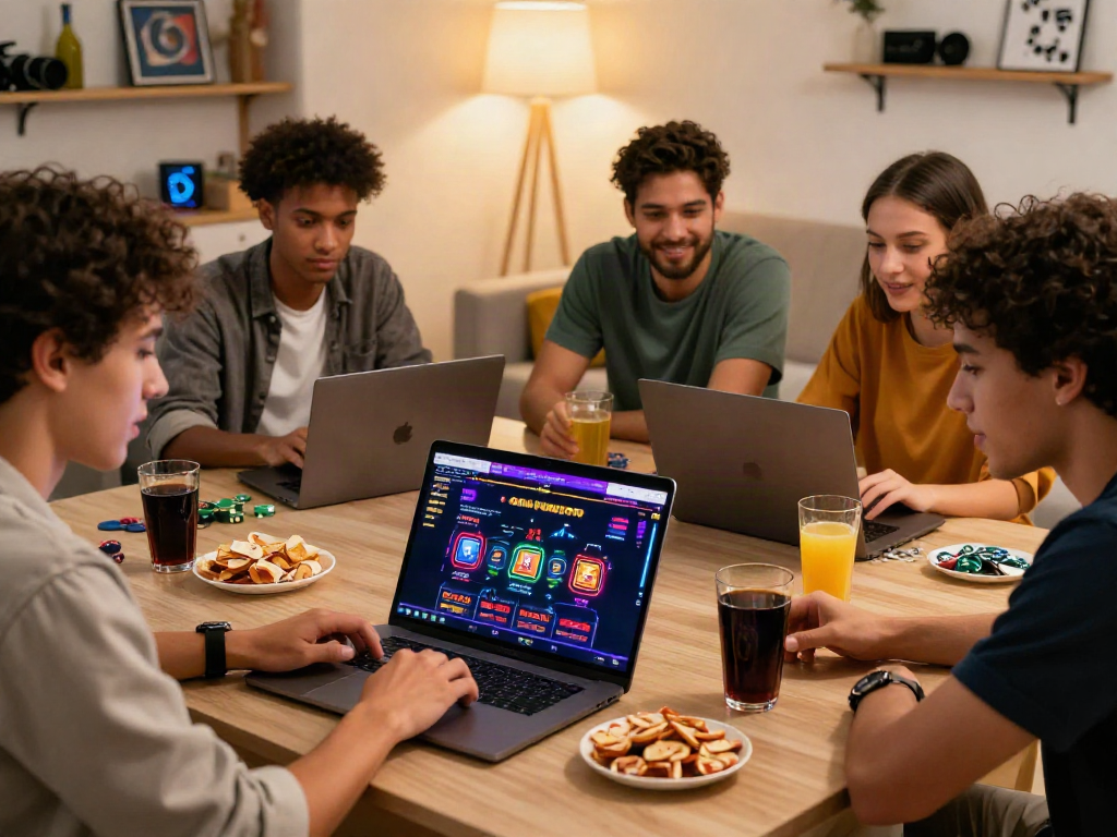Friends enjoying online casino non gamstop experience in a modern living room.