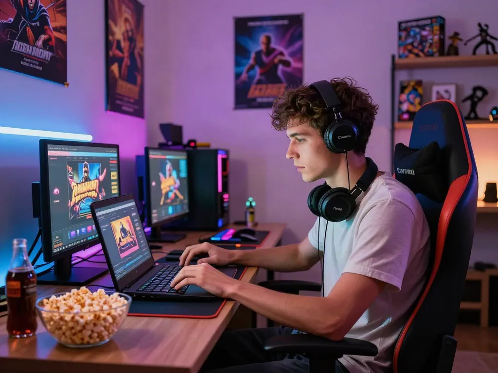 Engaging home gaming setup featuring a player at a casino non gamstop site, illuminated by colorful lights.