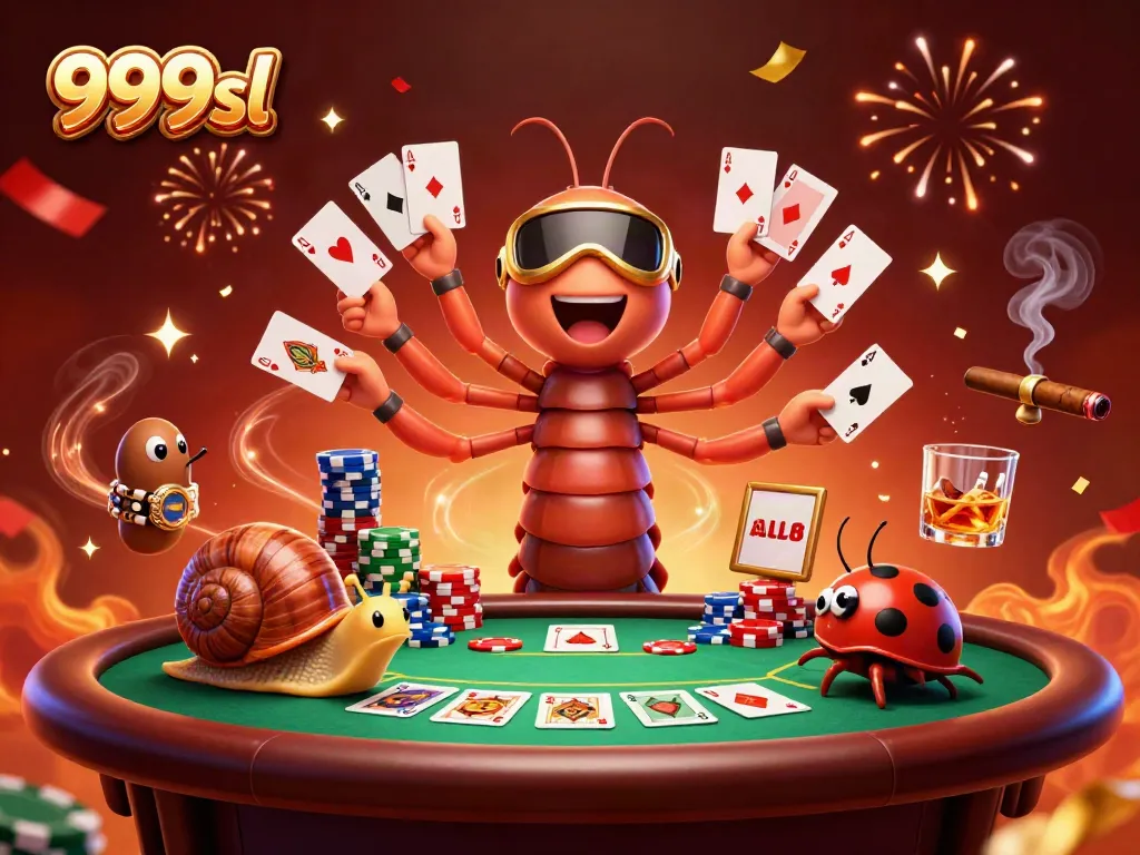 Experience high-stakes action at 999sl with a colorful poker scene featuring a dynamic millipede dealer and whimsical characters.