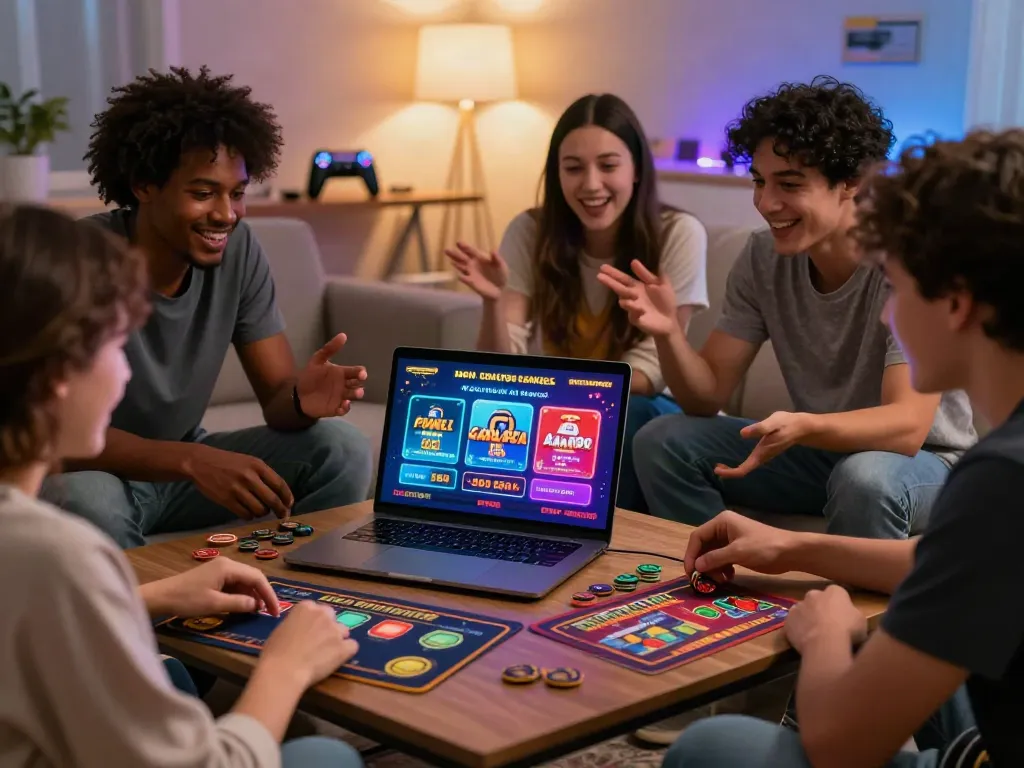 Friends enjoying an online gaming night exploring casino non gamstop options in a cozy setting.