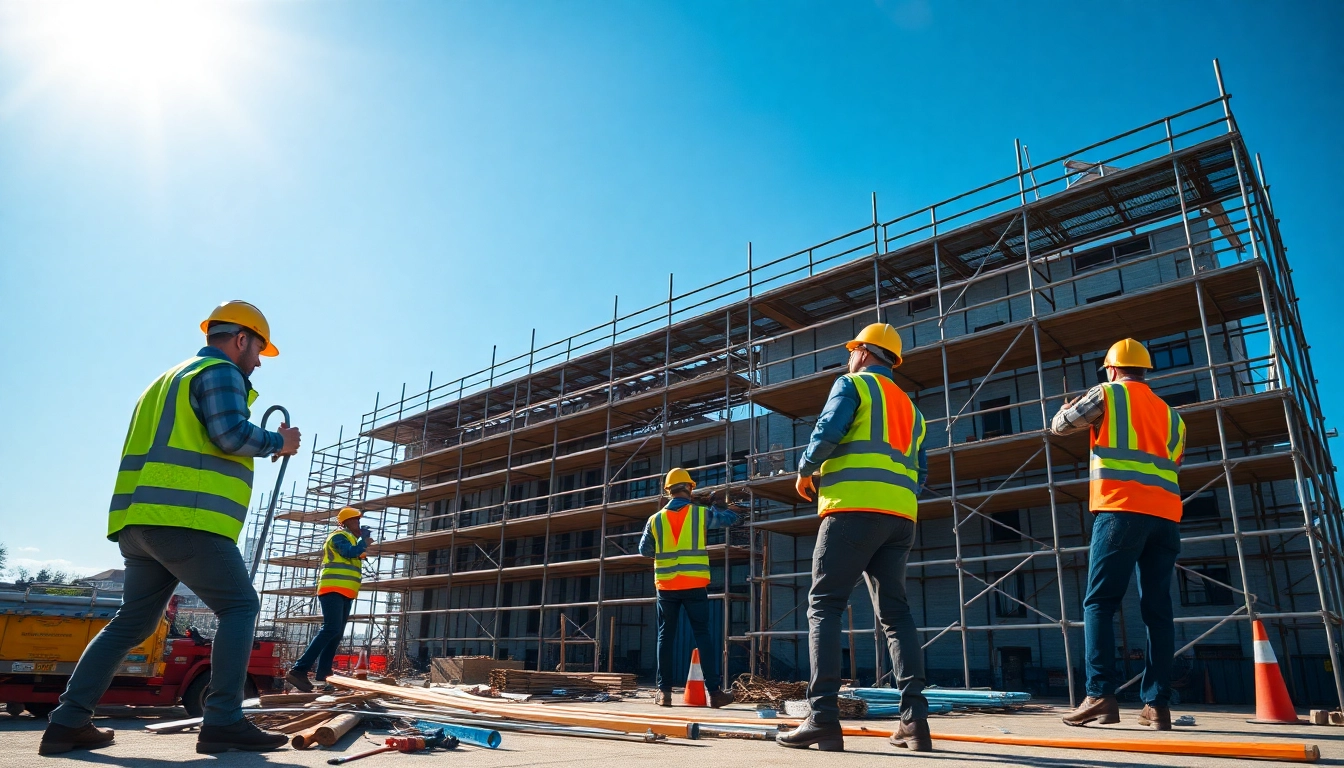 Skilled scaffolders Bolton assembling scaffolding structures on a construction site.