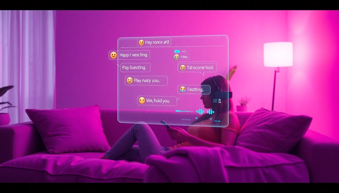 Sexting AI interaction in a cozy digital lounge with a holographic interface.