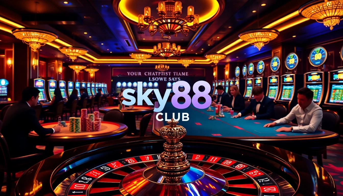 Exciting casino scene at sky88 club with poker tables and roulette wheel displayed.