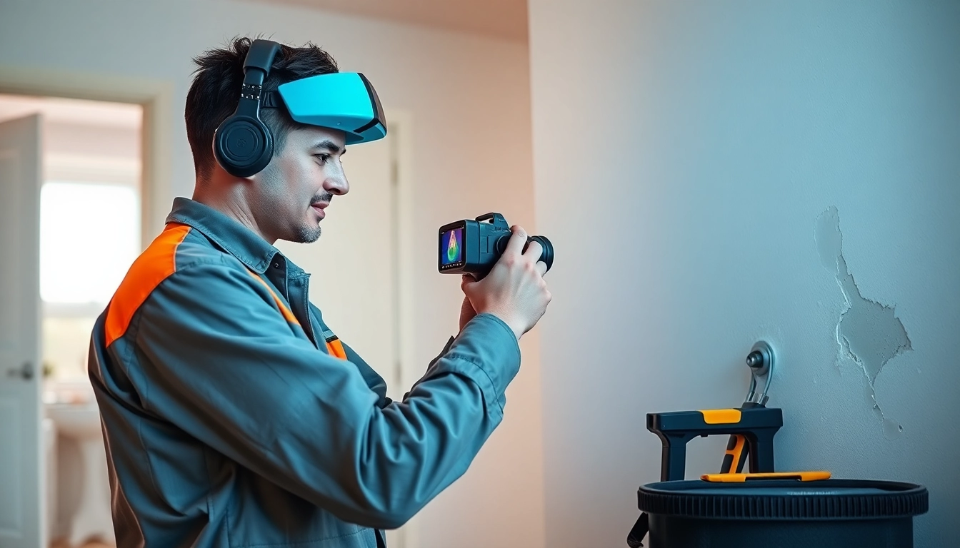 Technician performing water leak detection using advanced tools in a clean home setting.