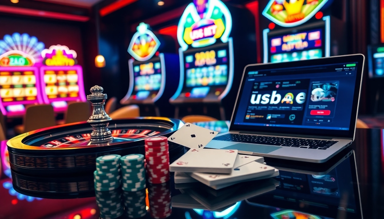 Experience thrilling gambling action at https://usbet.lat/ with a stunning casino scene featuring roulette and poker.