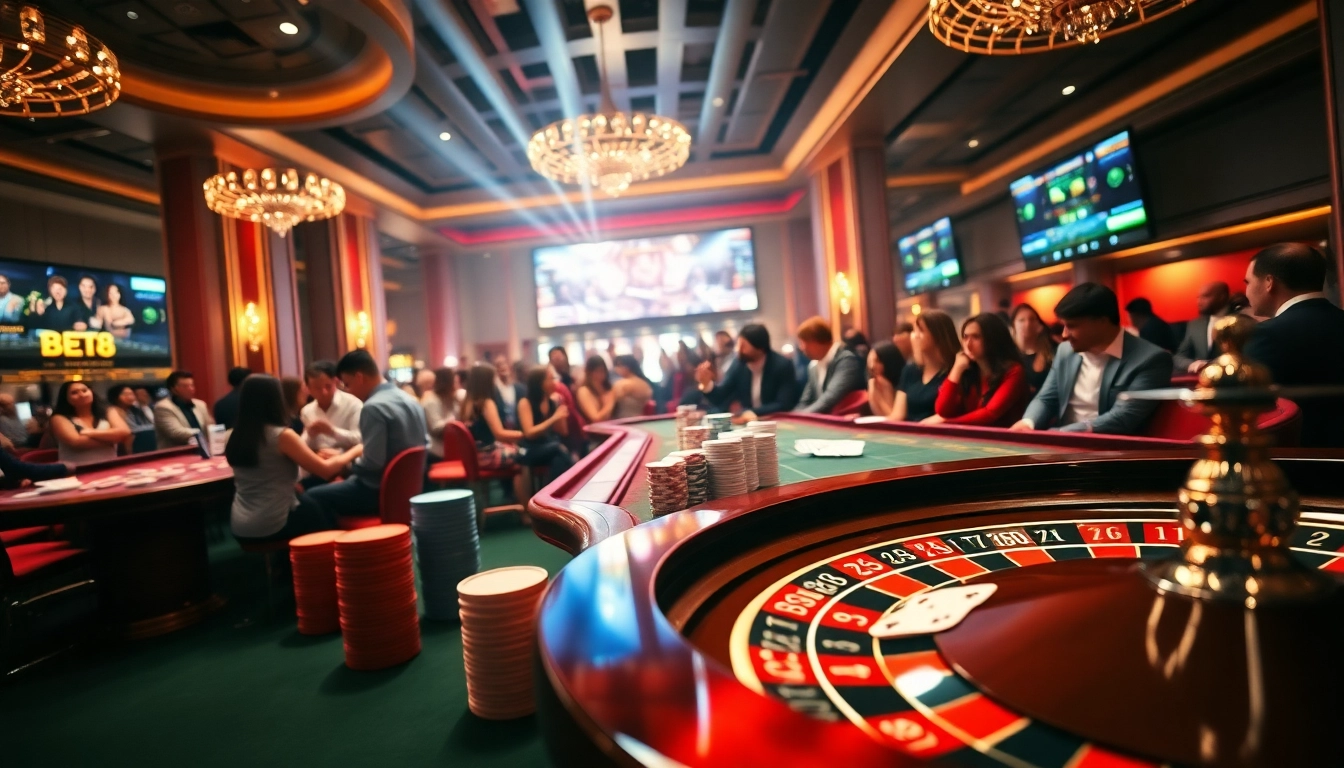 Experience the excitement of gambling at bet88.com with vibrant poker tables and roulette wheels.