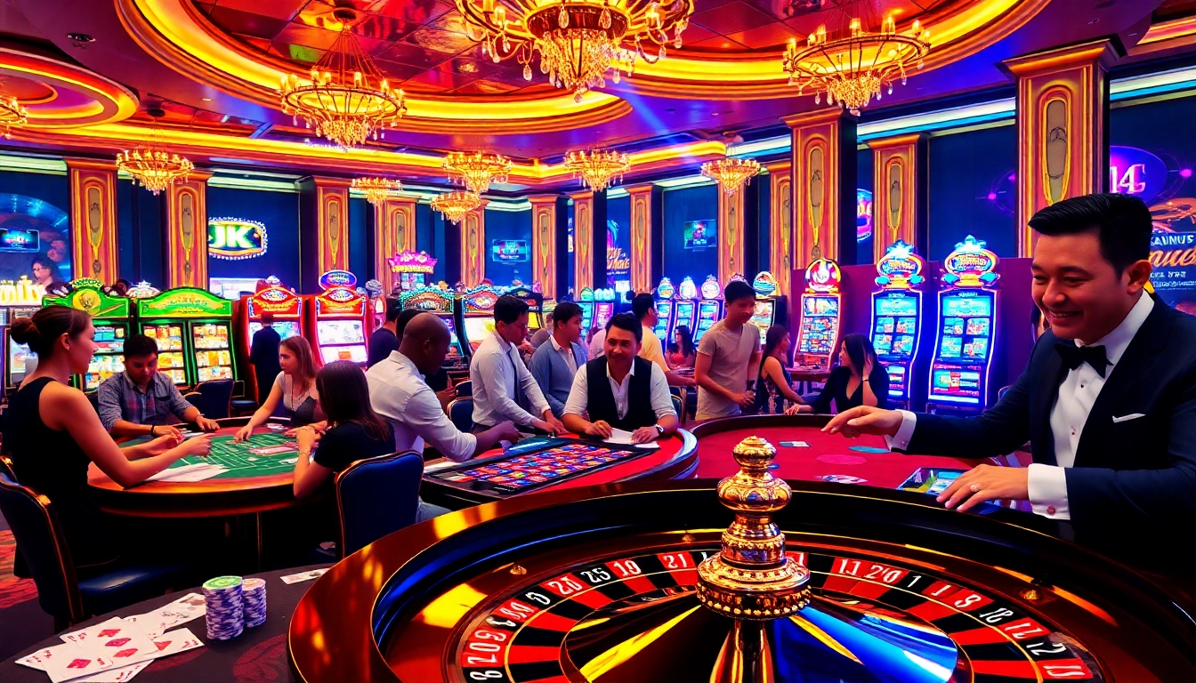 Engaging casino scene at xx88 featuring vibrant gambling tables, slot machines, and excited players.