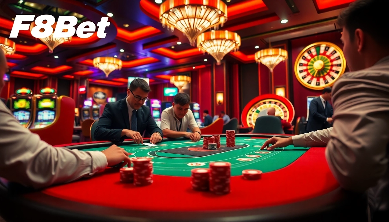 Exciting gaming scene at F8Bet Casino featuring poker play and vibrant slot machines.
