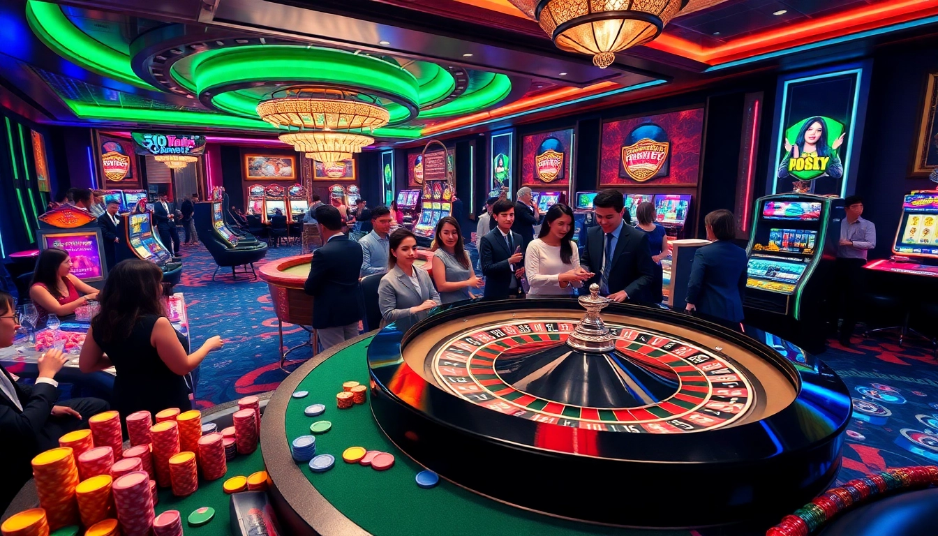 Exciting casino scene at https://king88b.us.com/ showcasing roulette, players, and vibrant lights.