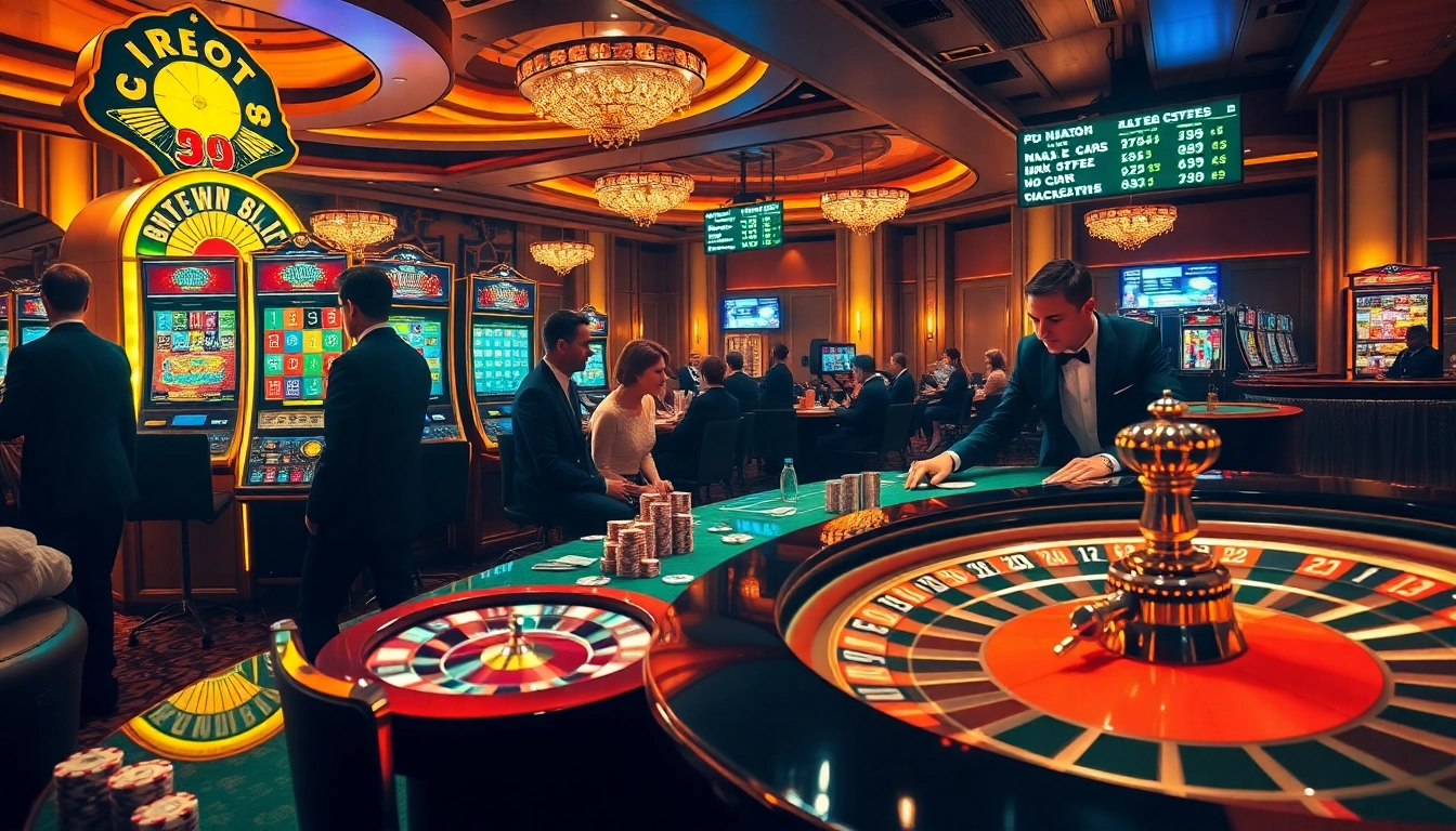 Players engaging with a 슬롯커뮤니티 at a vibrant casino, surrounded by slot machines and poker chips.