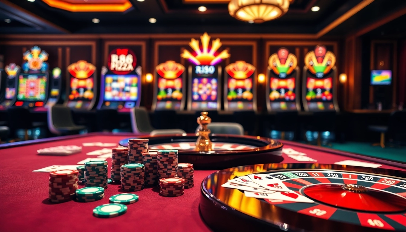 Engaging casino scene with poker chips and cards representing rr88.pizza excitement.