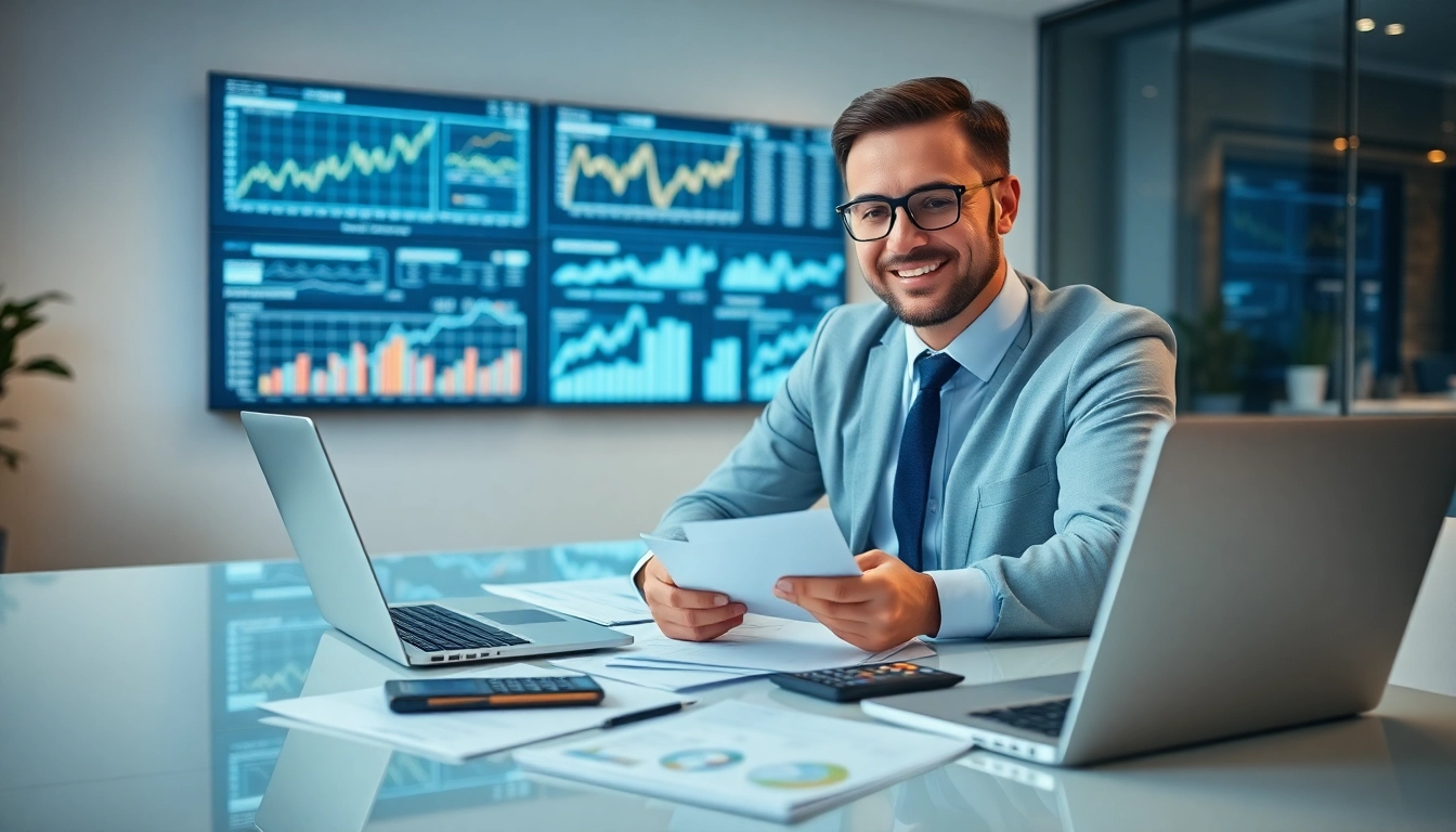 Księgowość dla spółki budowlanej, księgowy w nowoczesnym biurze z narzędziami i dokumentami finansowymi.