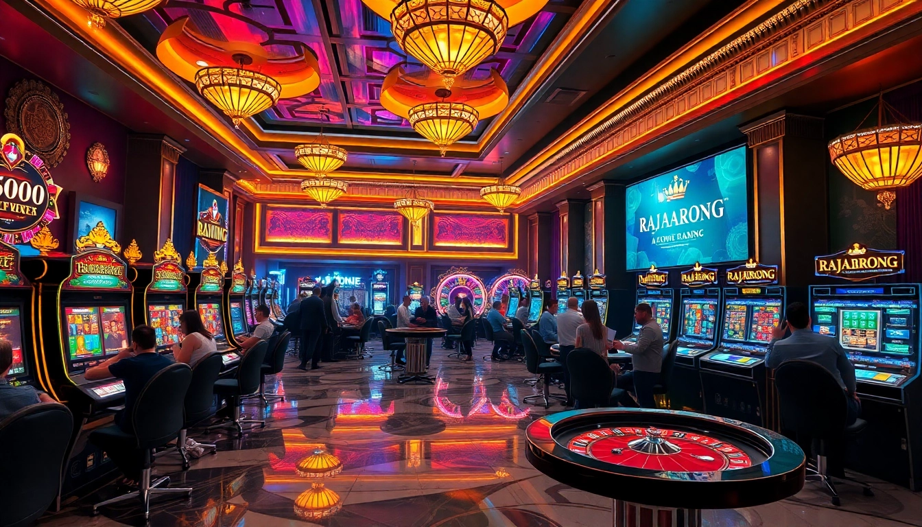 Experience the thrill of RAJABARONG with vibrant slot machines and players in an elegant casino scene.